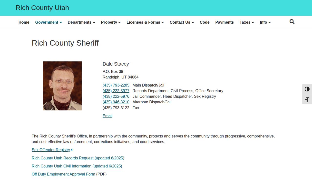 Rich County Jail release records contacts on the official sheriff page
